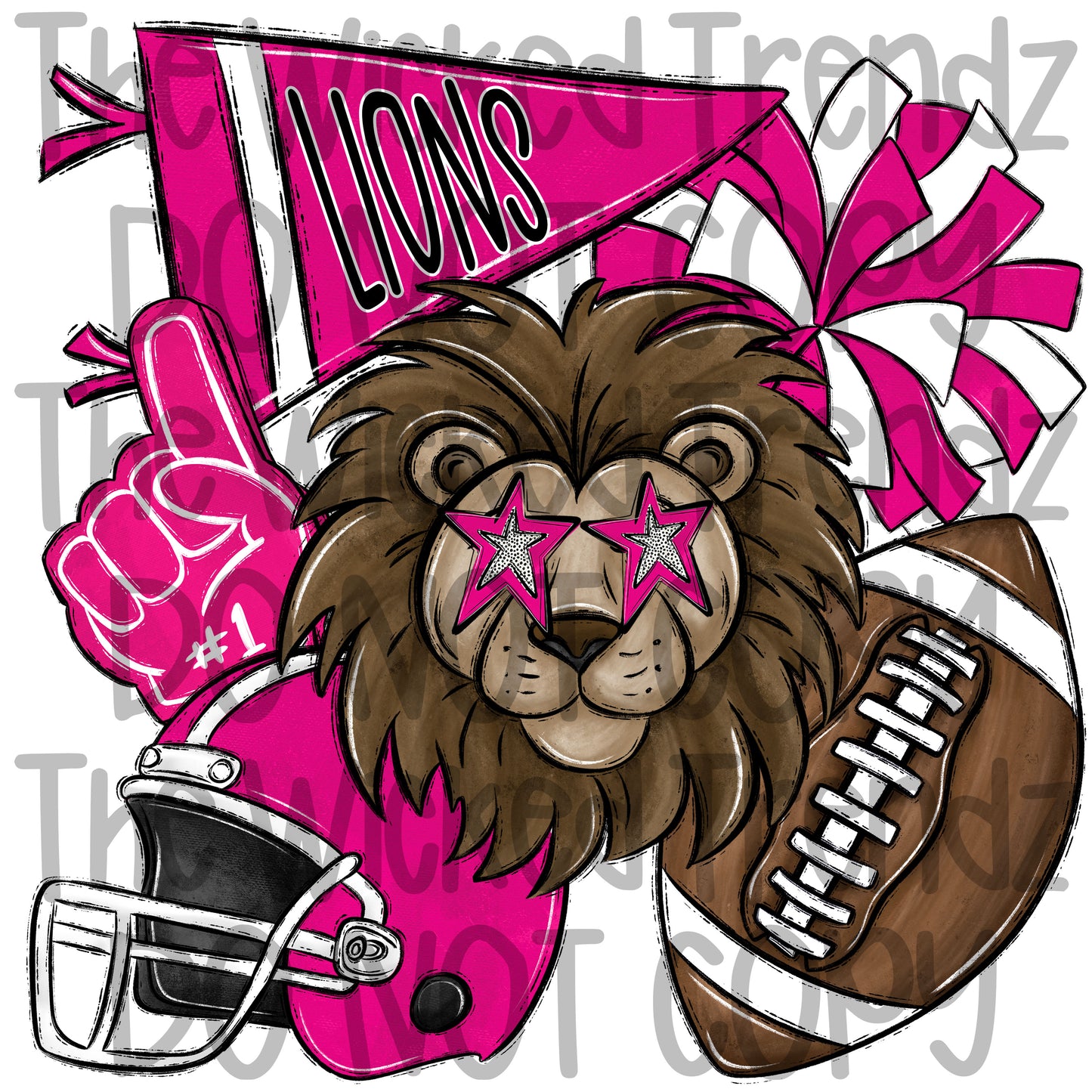 Lions Pink Out Football Cheer Mascot Digital Design October Awareness