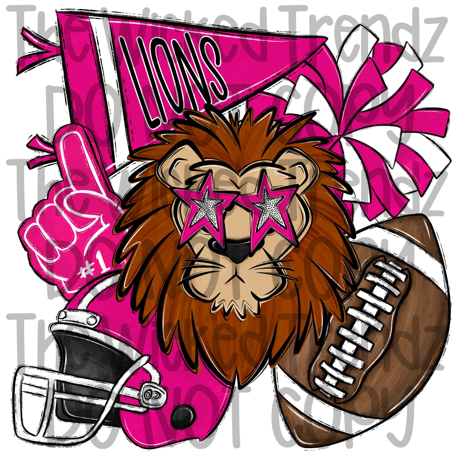 Lions Pink Out Football Cheer Mascot Digital Design October Awareness