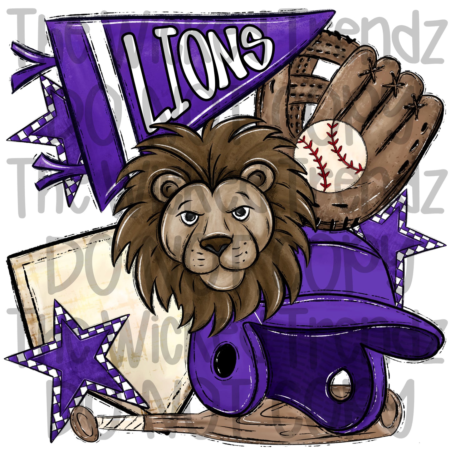 Lions Purple Baseball Team Mascot Digital Design