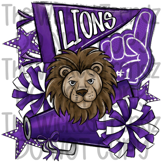 Lions Purple Cheer Cheerleading Cheerleader Mascot Digital Design Spirit Shirt Design