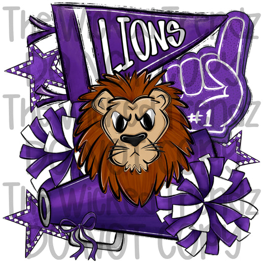 Lions Purple Cheer Cheerleading Cheerleader Mascot Digital Design Spirit Shirt Design