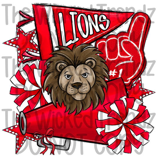Lions Red Cheer Cheerleading Cheerleader Mascot Digital Design Spirit Shirt Design