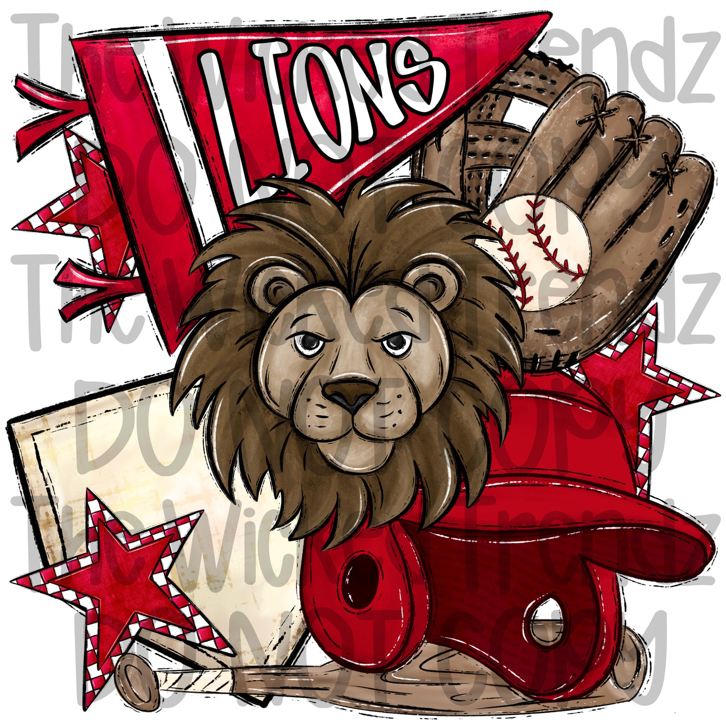 Lions Red Baseball Team Mascot Digital Design