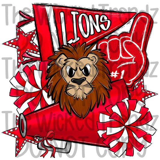 Lions Red Cheer Cheerleading Cheerleader Mascot Digital Design Spirit Shirt Design