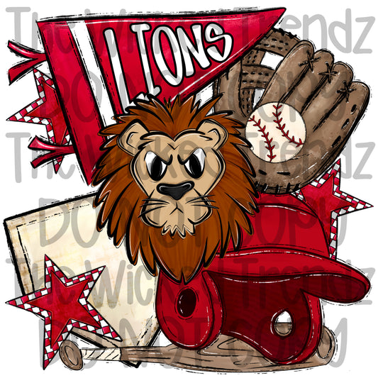 Lions Red Baseball Team Mascot Digital Design