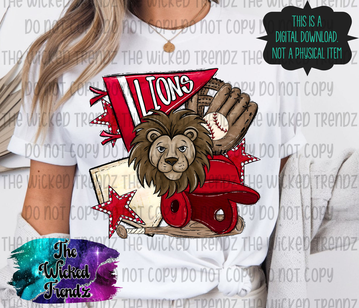 Lions Red Baseball Team Mascot Digital Design