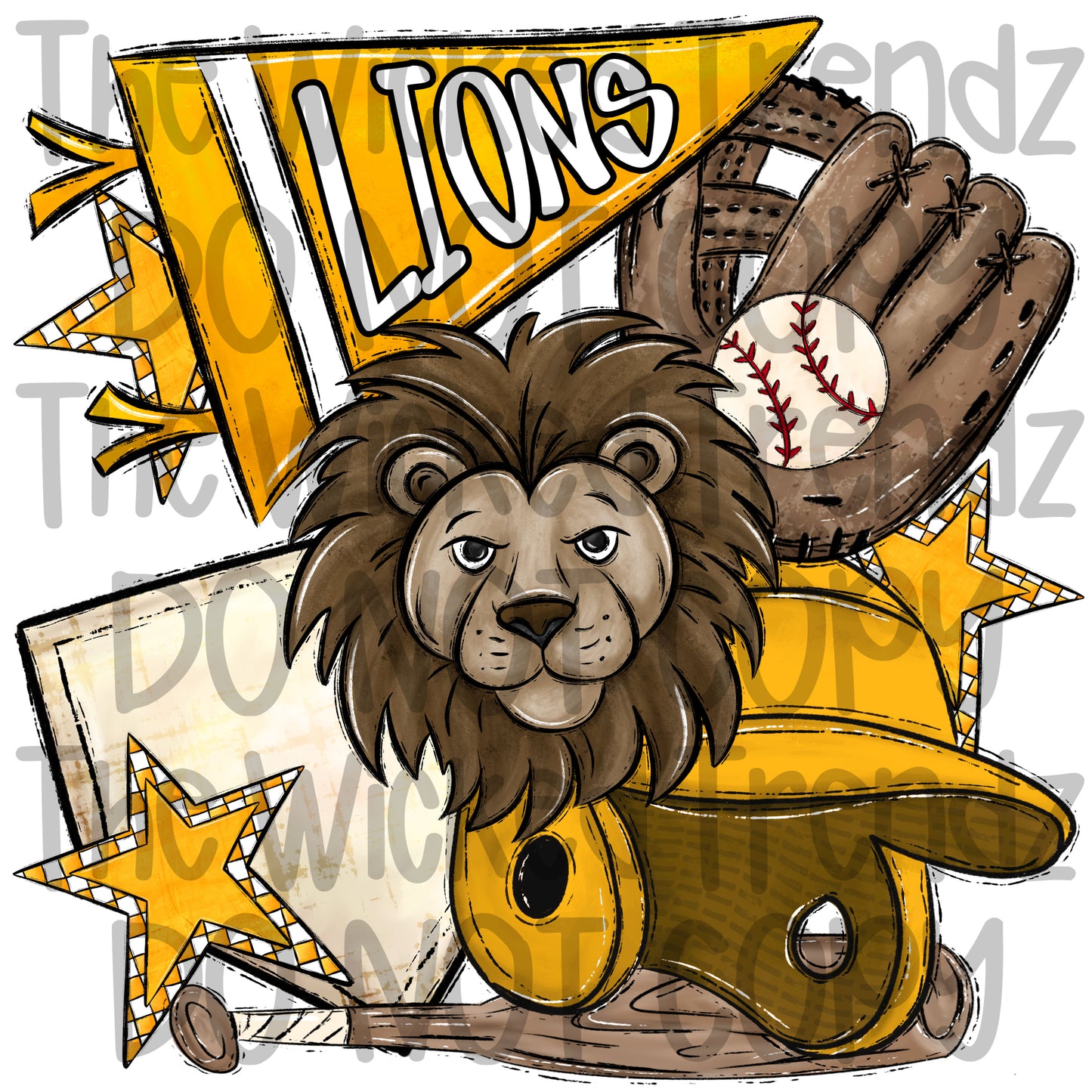 Lions Yellow Baseball Team Mascot Digital Design