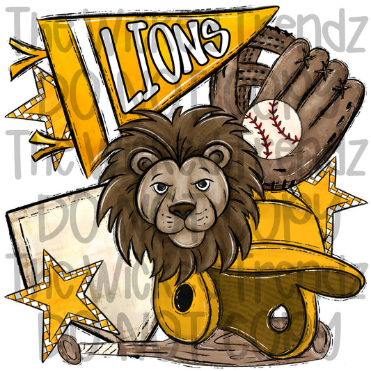 Lions Yellow Baseball Team Mascot Digital Design