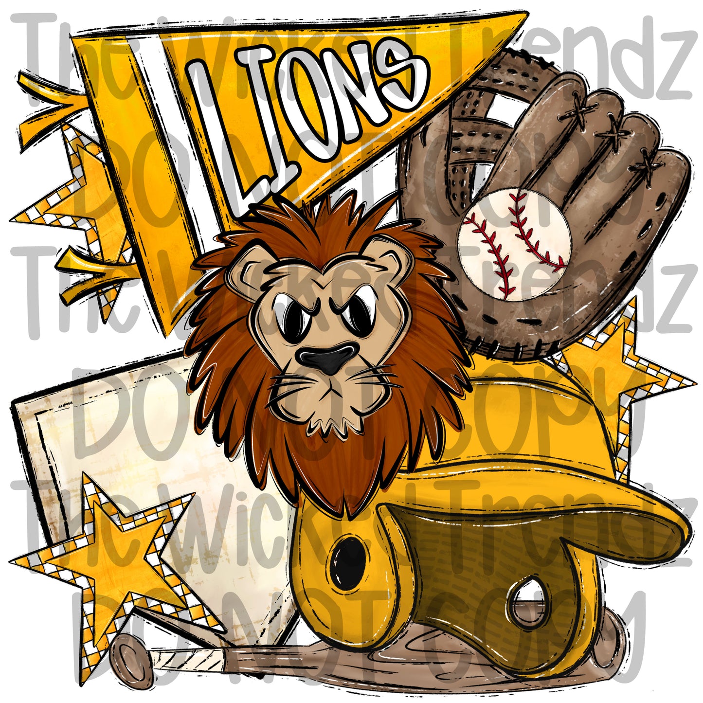 Lions Yellow Baseball Team Mascot Digital Design
