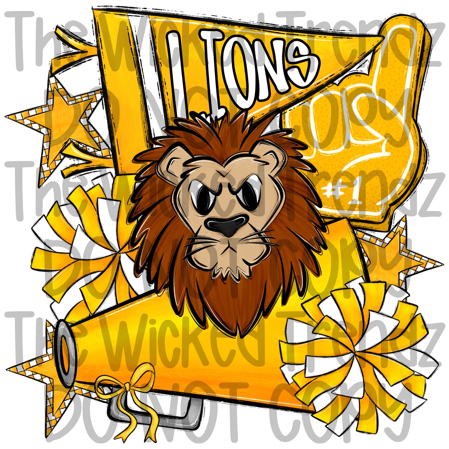 Lions Yellow Cheer Cheerleading Cheerleader Mascot Digital Design Spirit Shirt Design