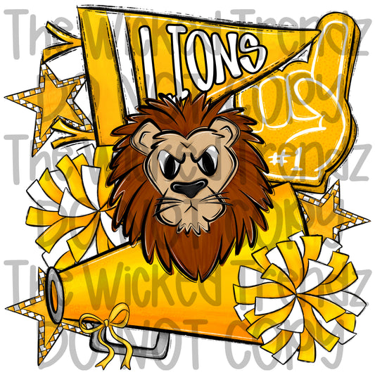 Lions Yellow Cheer Cheerleading Cheerleader Mascot Digital Design Spirit Shirt Design