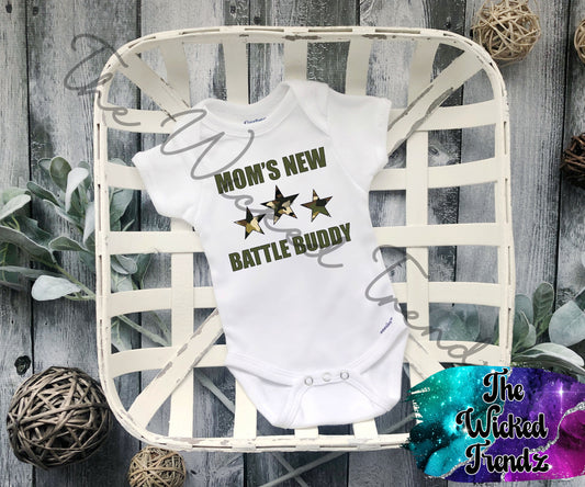 Baby Onesie© Mom's New Battle Buddy Military Army Veteran Camouflage