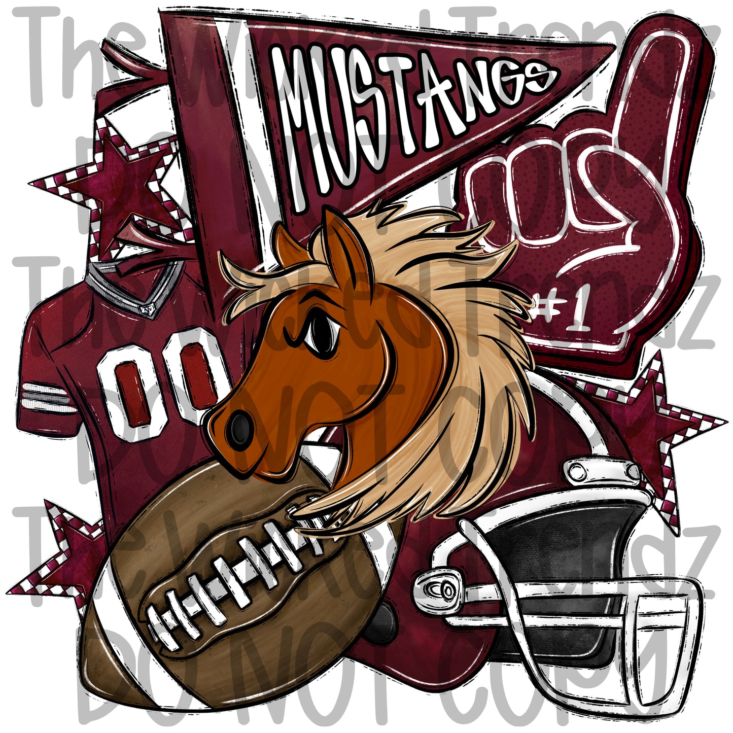 Mustang Maroon Football Mascot Digital Design