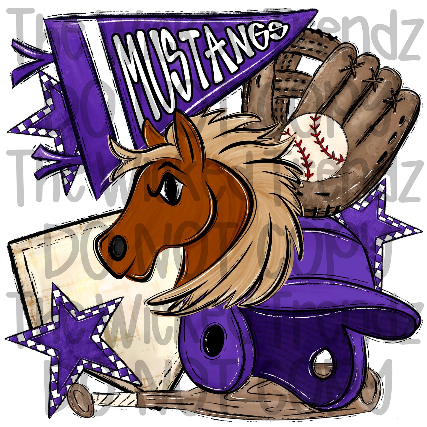 Mustangs Purple Baseball Team Mascot Digital Design