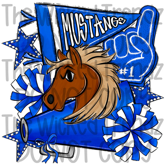 Mustangs Blue Cheer Cheerleading Cheerleader Mascot Digital Design Spirit Shirt Design