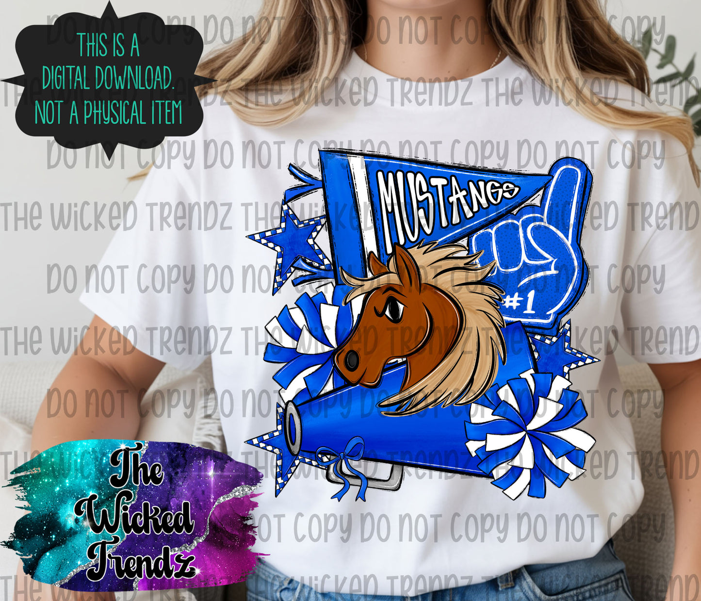 Mustangs Blue Cheer Cheerleading Cheerleader Mascot Digital Design Spirit Shirt Design