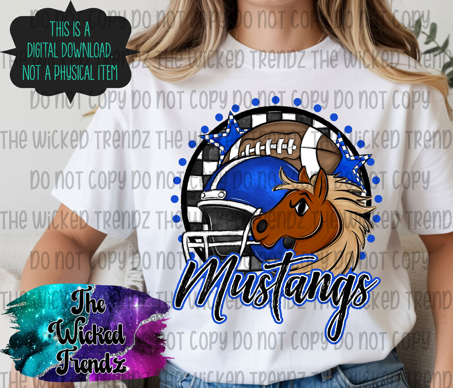 Mustangs Blue Football Mascot Digital Design