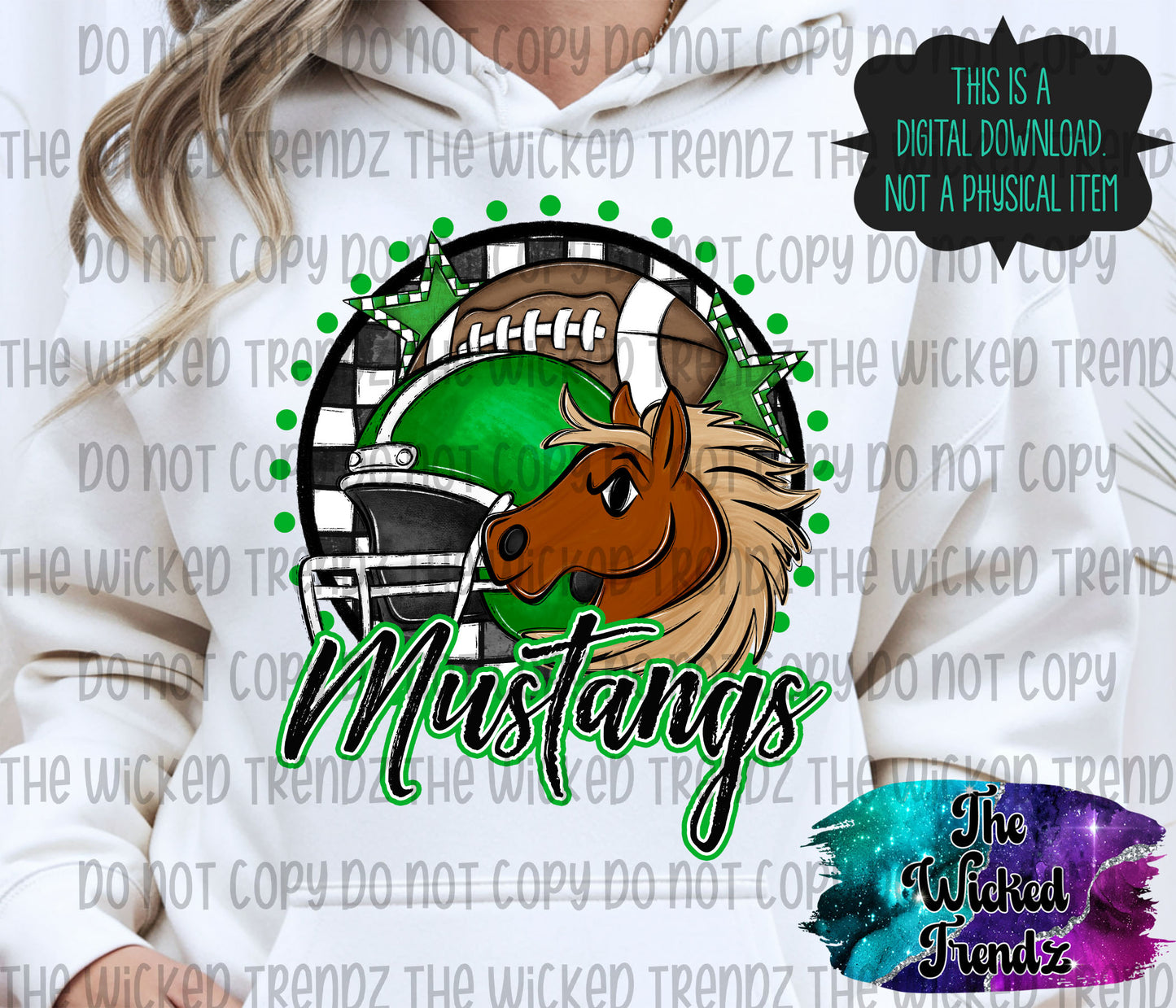 Mustangs Green Football Mascot Digital Design