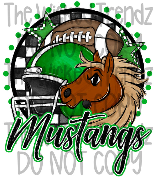 Mustangs Green Football Team Mascot Digital Design