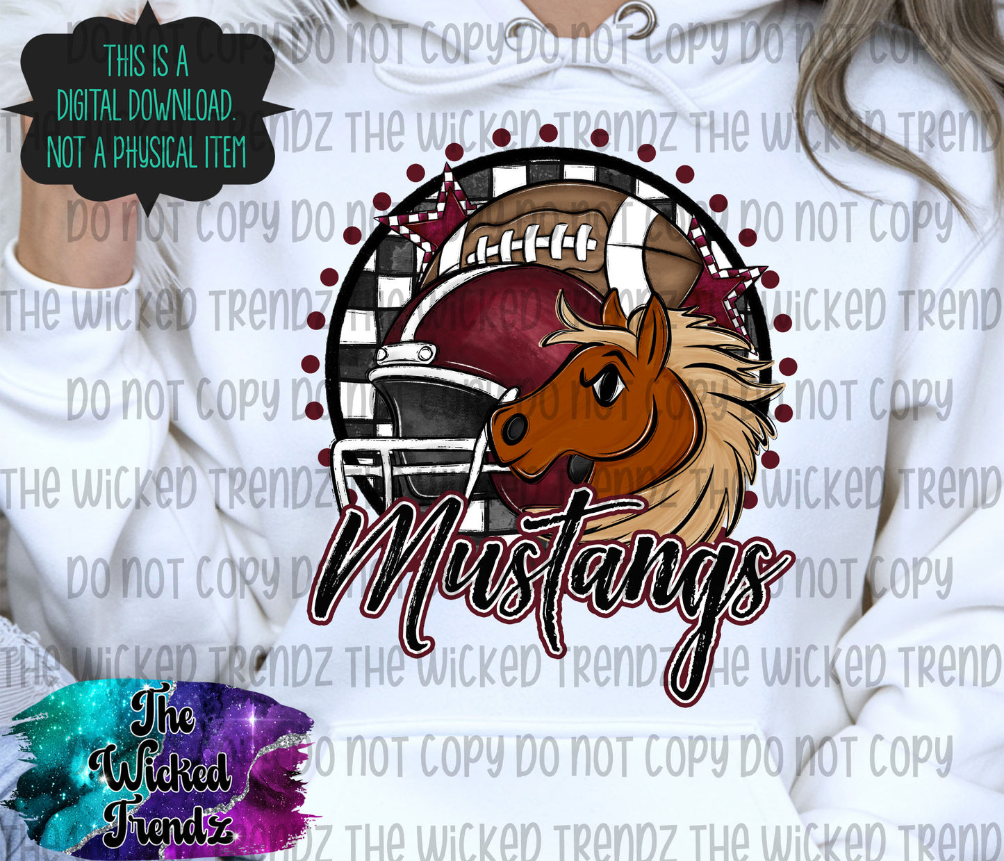 Mustang Maroon Football Mascot Digital Design