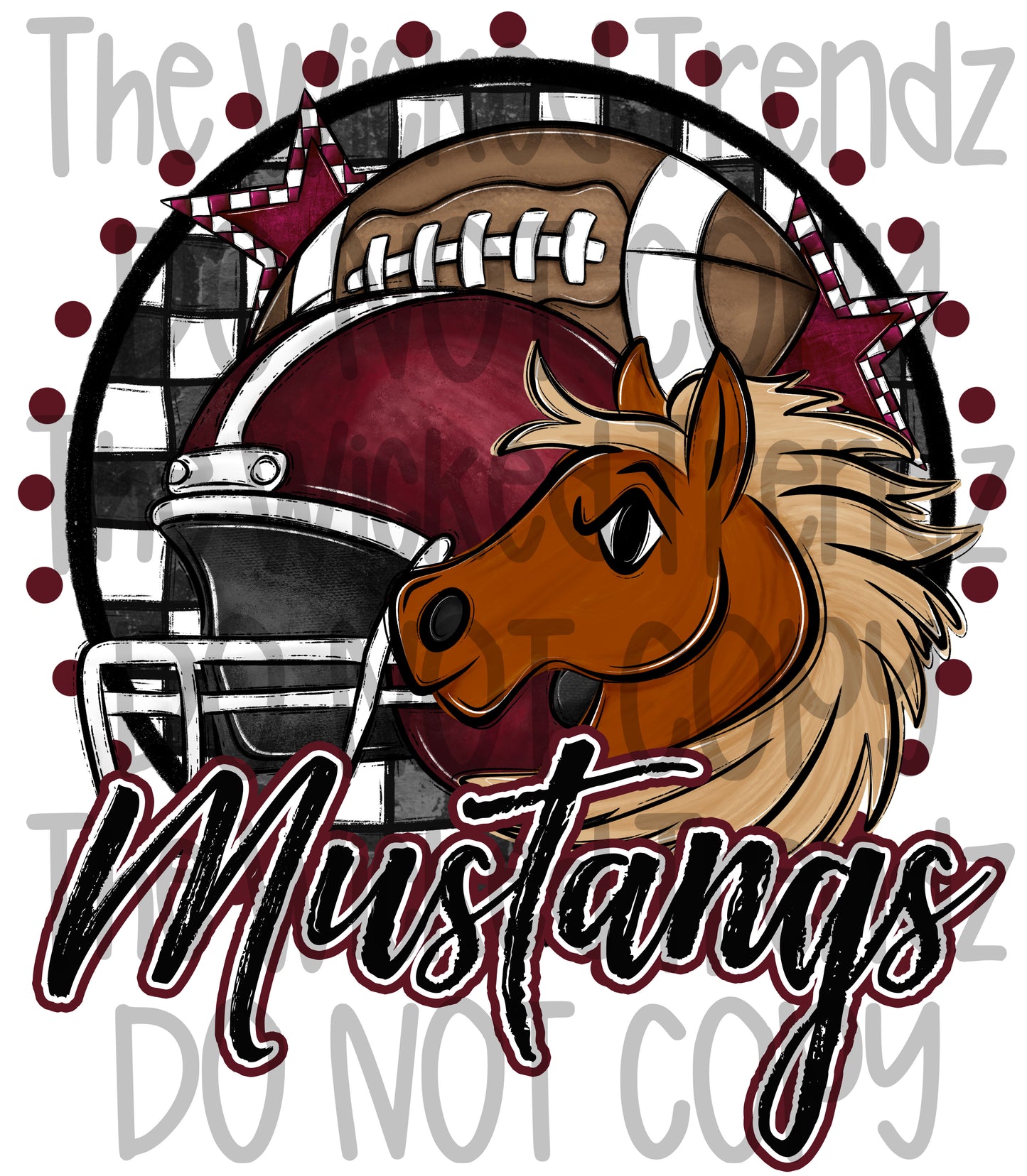 Mustang Maroon Football Mascot Digital Design