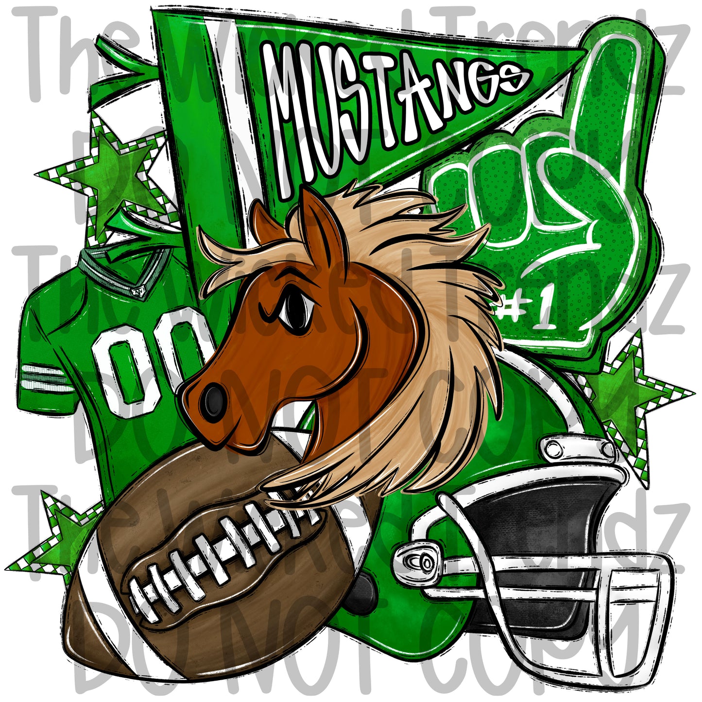 Mustangs Green Football Mascot Digital Design