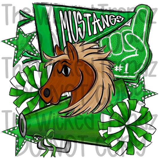 Mustangs Green Cheer Cheerleading Cheerleader Mascot Digital Design Spirit Shirt Design
