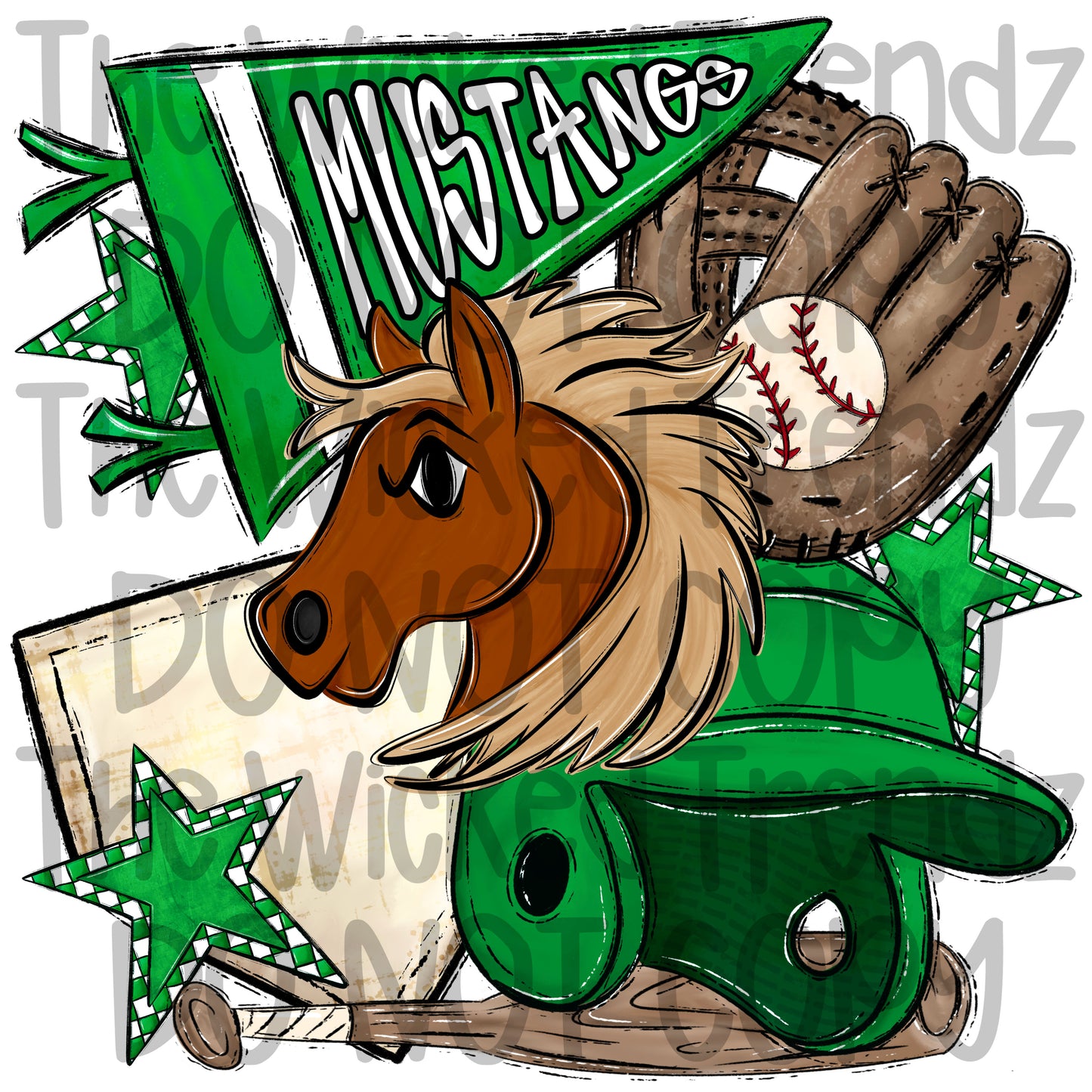 Mustangs Green Baseball Team Mascot Digital Design
