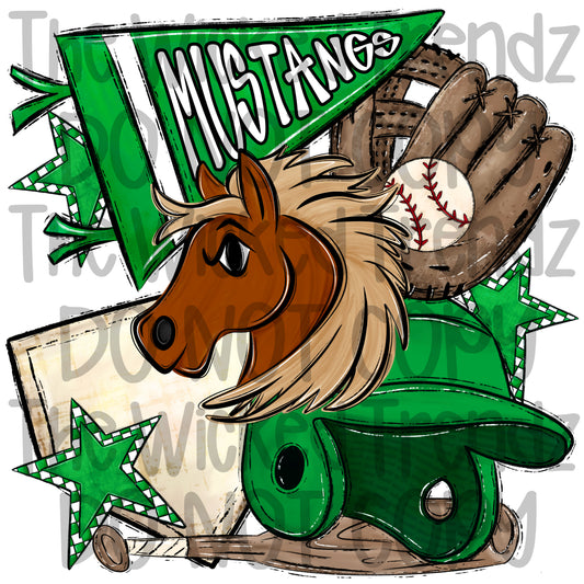 Mustangs Green Baseball Team Mascot Digital Design
