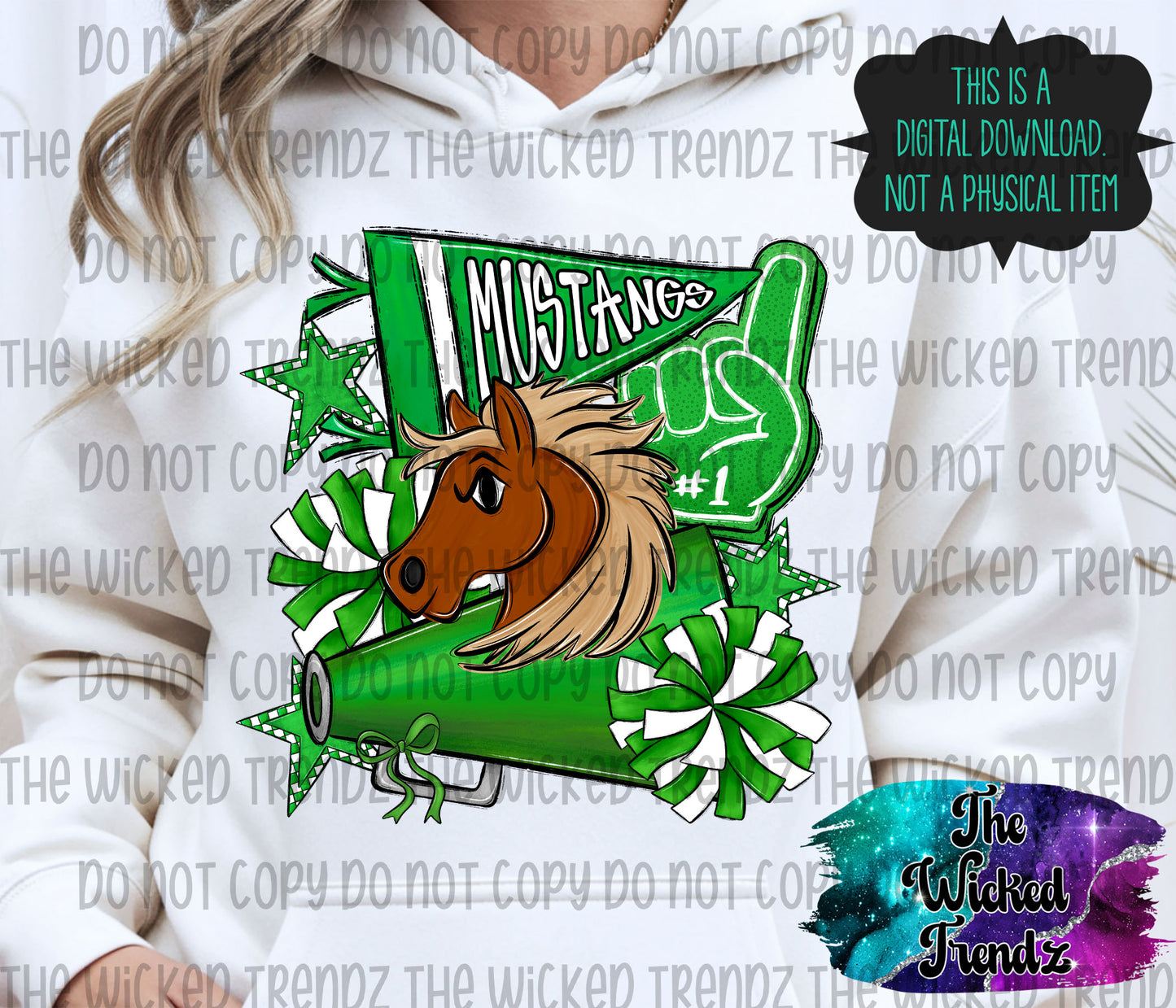 Mustangs Green Cheer Cheerleading Cheerleader Mascot Digital Design Spirit Shirt Design