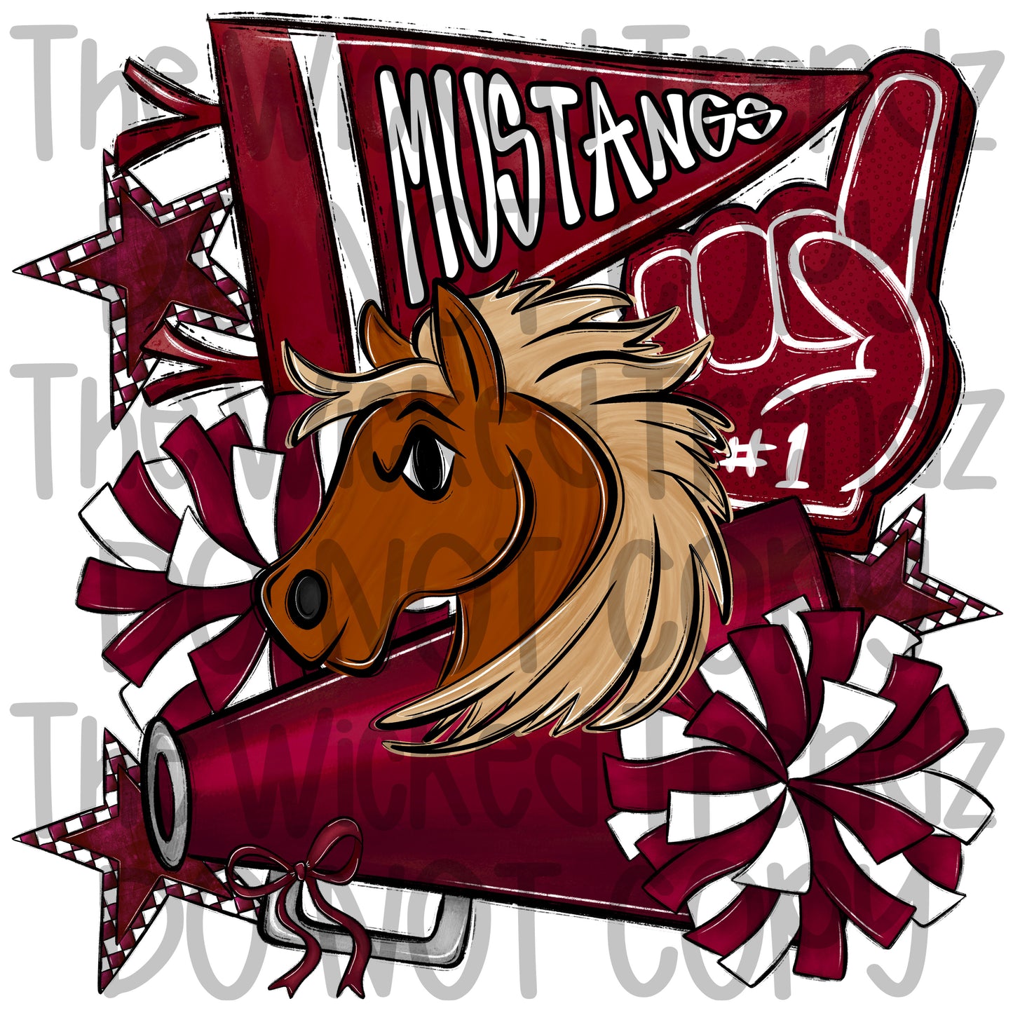 Mustangs Maroon Cheer Cheerleading Cheerleader Mascot Digital Design Spirit Shirt Design