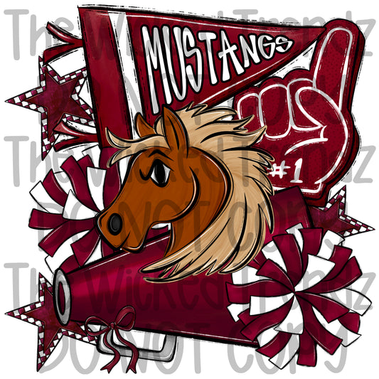 Mustangs Maroon Cheer Cheerleading Cheerleader Mascot Digital Design Spirit Shirt Design