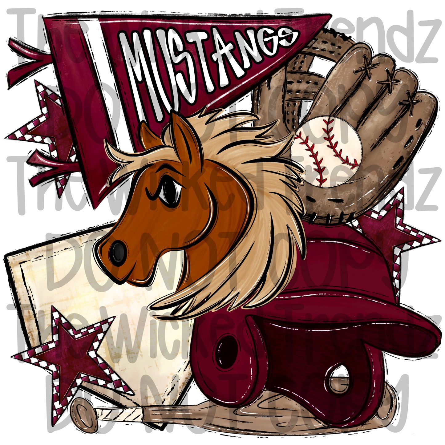 Mustangs Maroon Baseball Team Mascot Digital Design