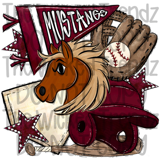 Mustangs Maroon Baseball Team Mascot Digital Design