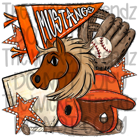 Mustangs Orange Baseball Team Mascot Digital Design