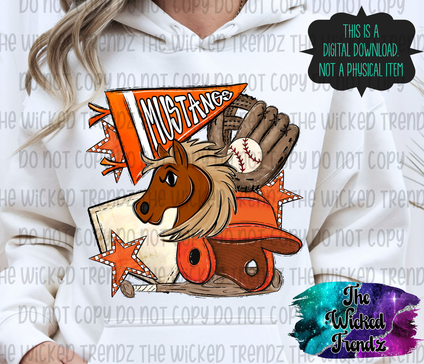 Mustangs Orange Baseball Team Mascot Digital Design