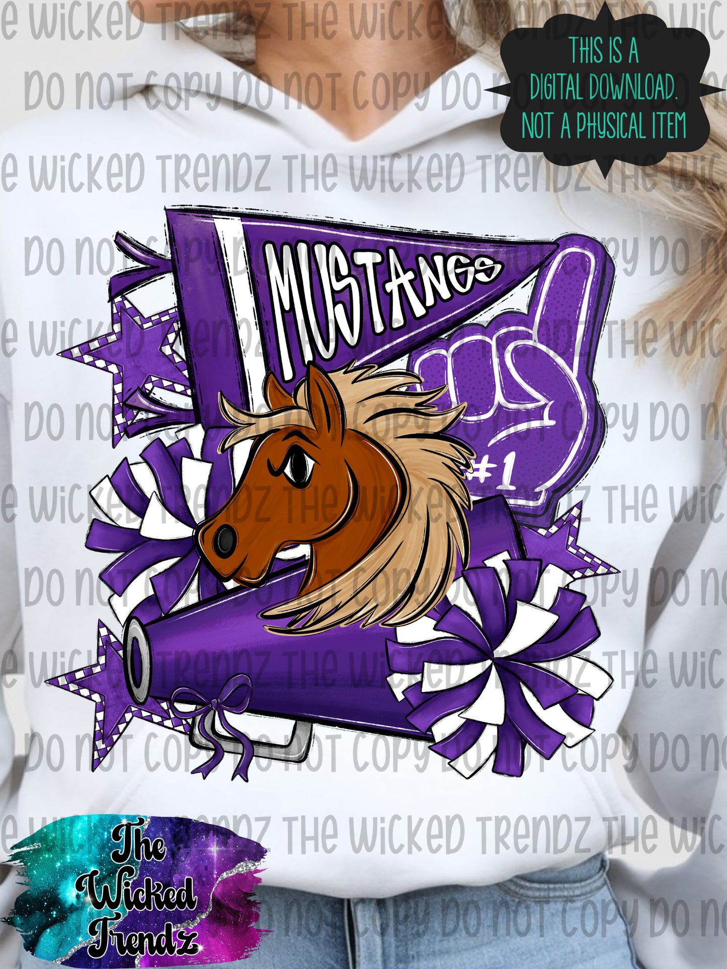 Mustangs Purple Cheer Cheerleading Cheerleader Mascot Digital Design Spirit Shirt Design