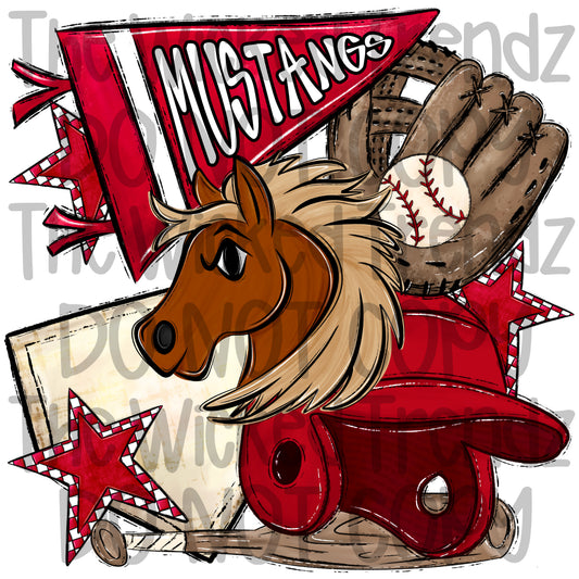 Mustangs Red Baseball Team Mascot Digital Design