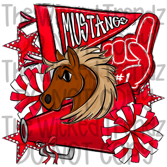 Mustangs Red Cheer Cheerleading Cheerleader Mascot Digital Design Spirit Shirt Design