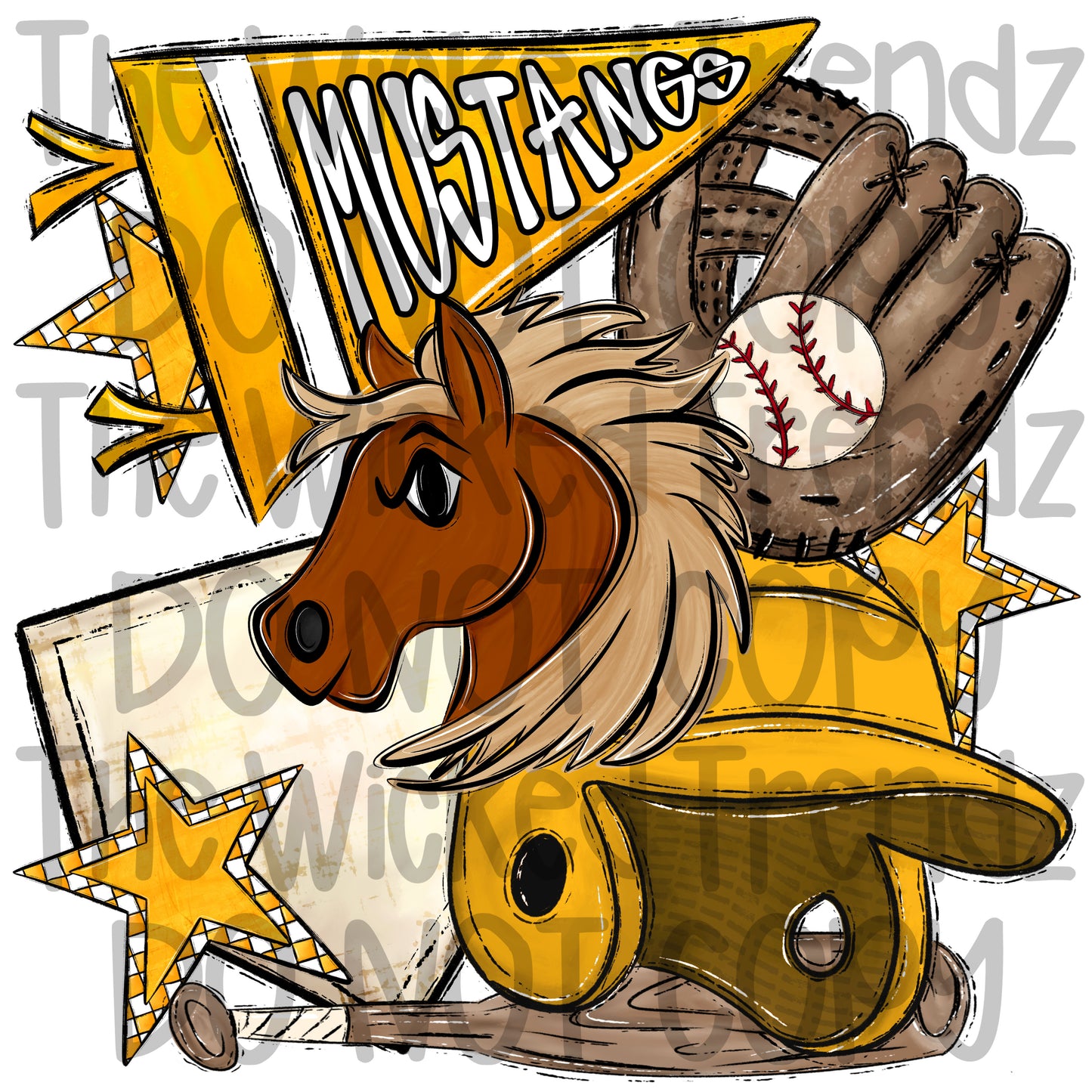 Mustangs Yellow Baseball Team Mascot Digital Design