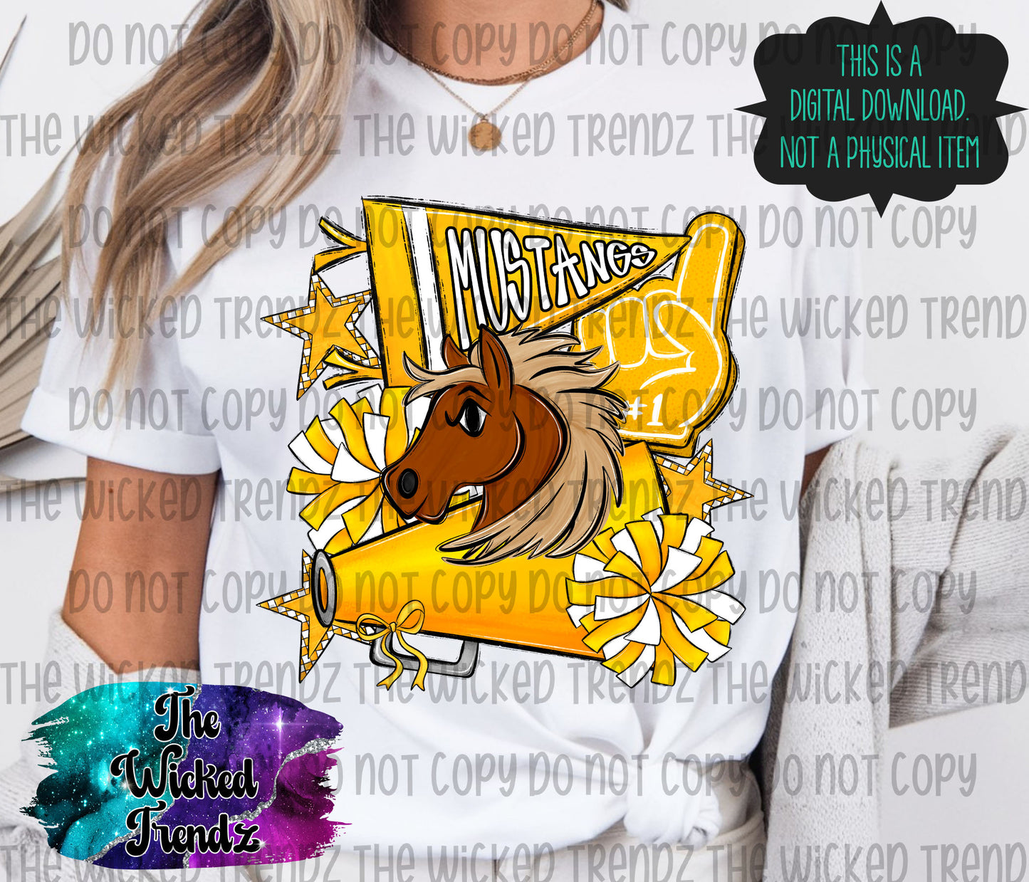 Mustangs Yellow Cheer Cheerleading Cheerleader Mascot Digital Design Spirit Shirt Design