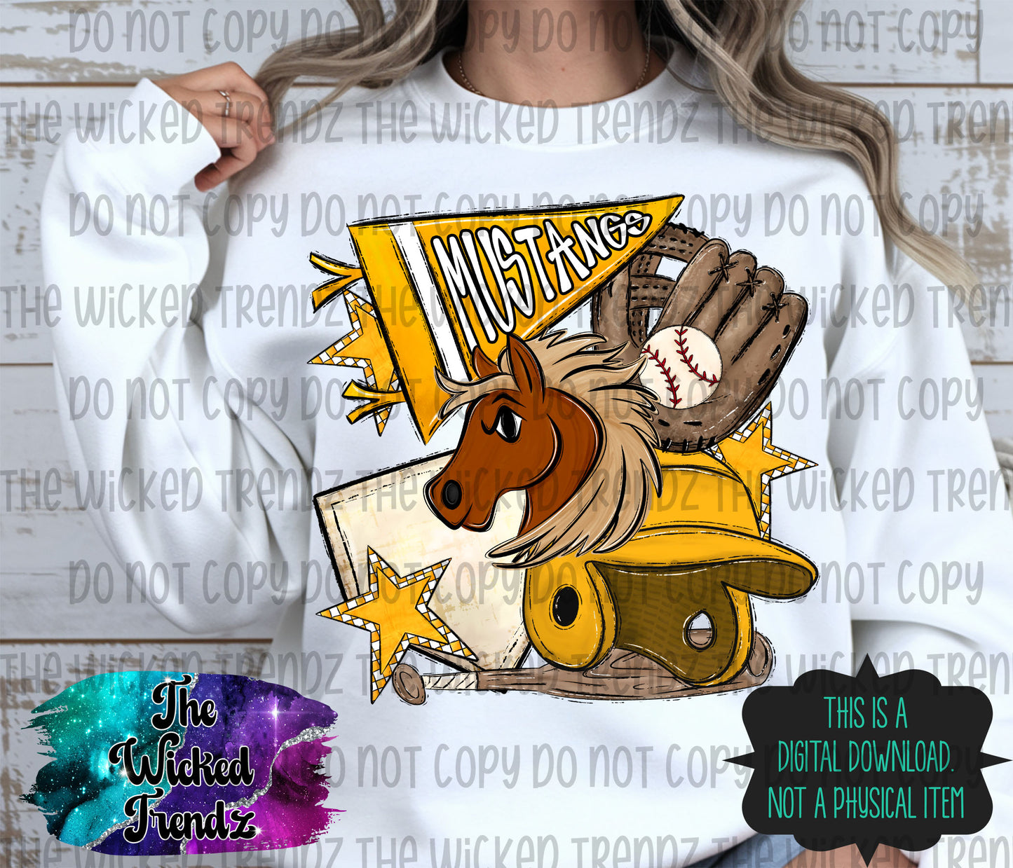 Mustangs Yellow Baseball Team Mascot Digital Design