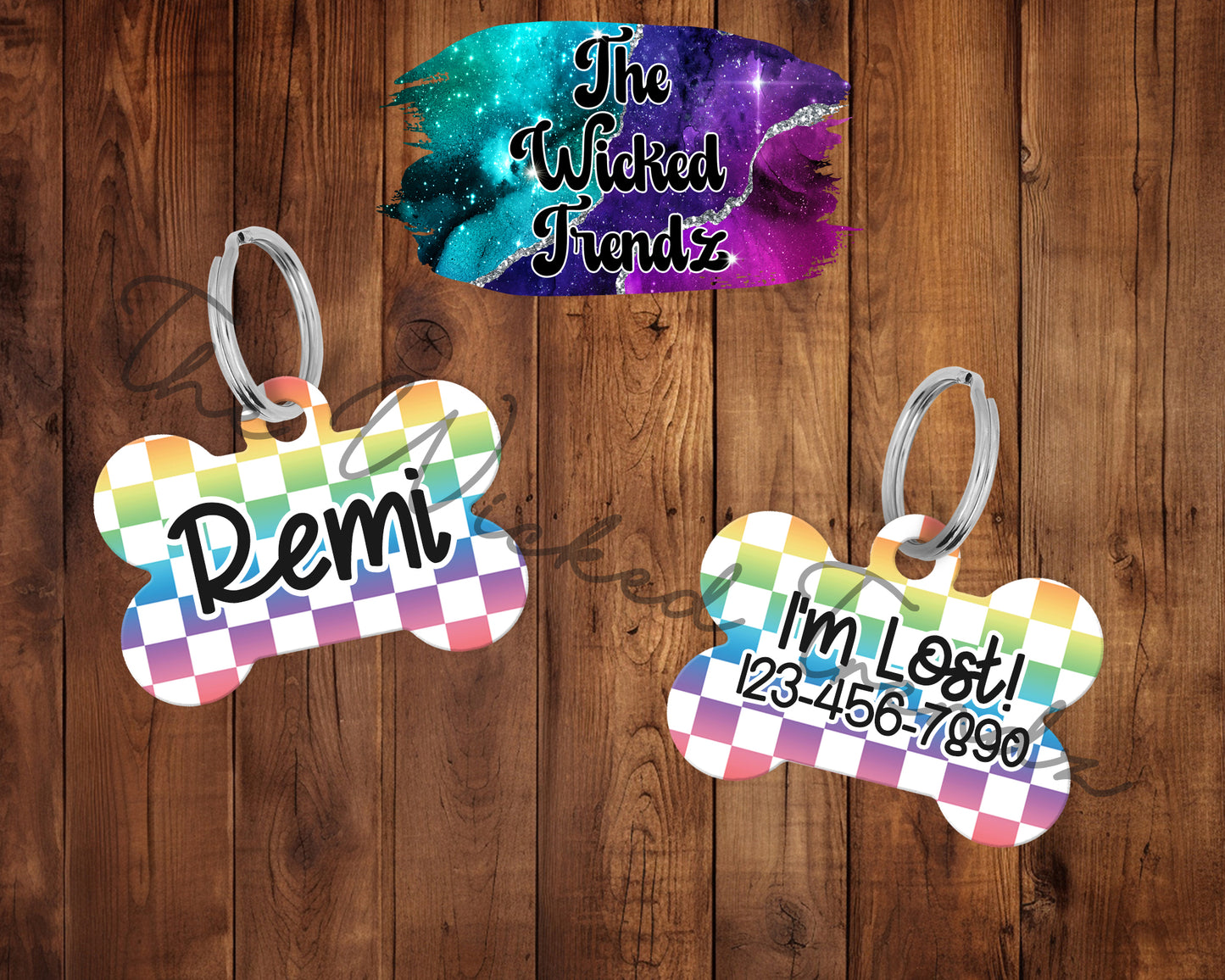 Retro Rainbow Ombre Checkered Pattern Cute Puppy Pet ID Dog Tag Personalized Custom Dog Name Phone Number