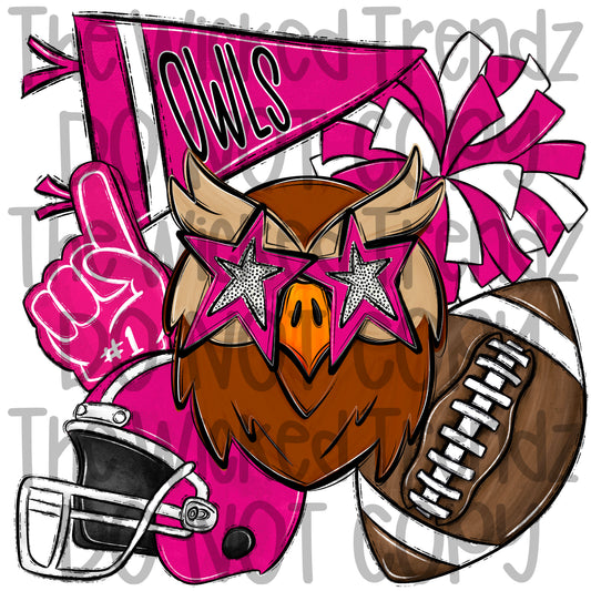 Owls Pink Out Football Cheer Team Mascot Digital Design October Awareness