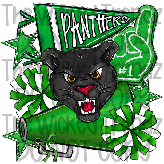 Panthers Green Cheer Cheerleading Cheerleader Mascot Digital Design Spirit Shirt Design