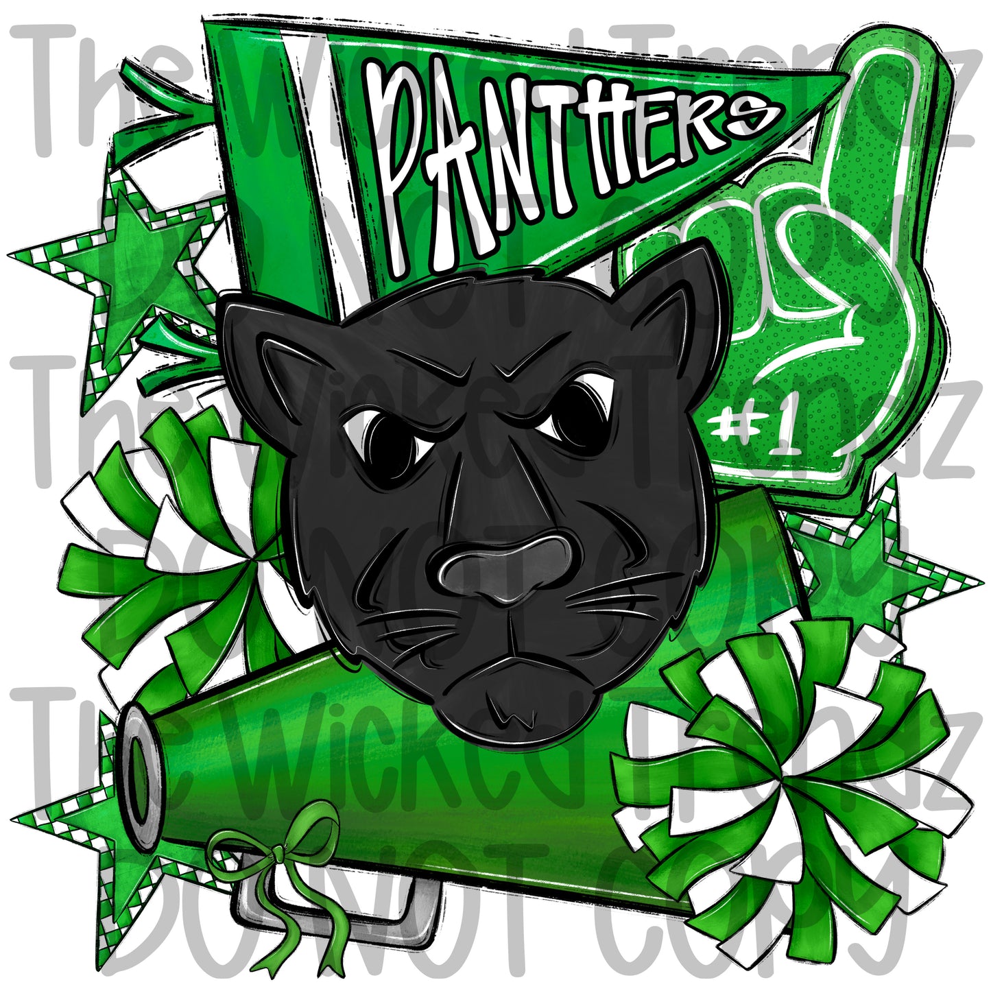 Panthers Green Cheer Cheerleading Cheerleader Mascot Digital Design Spirit Shirt Design