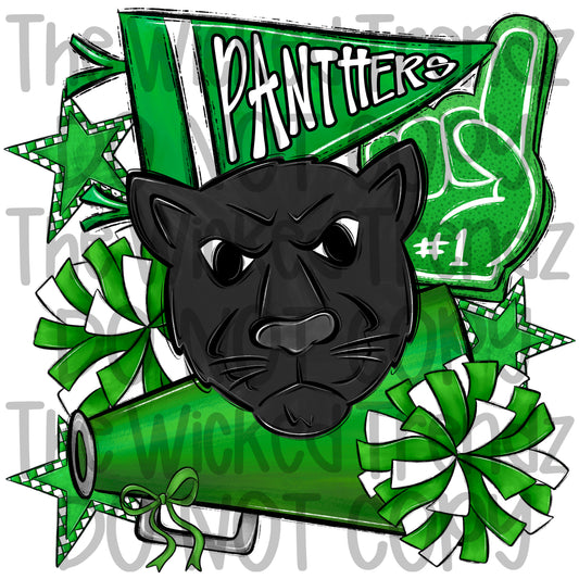 Panthers Green Cheer Cheerleading Cheerleader Mascot Digital Design Spirit Shirt Design