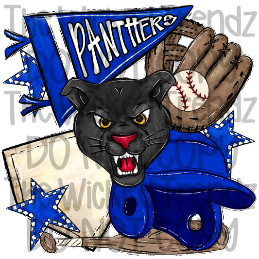 Panthers Blue Baseball Team Mascot Digital Design