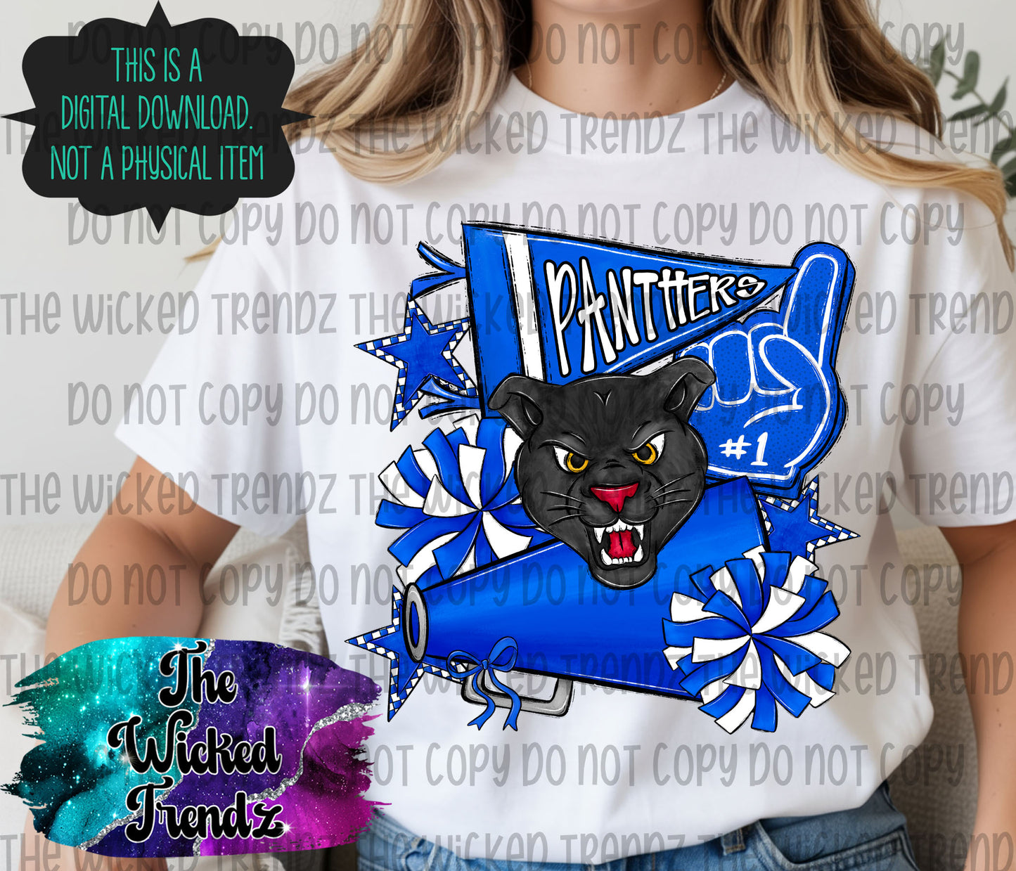 Panthers Blue Cheer Cheerleading Cheerleader Mascot Digital Design Spirit Shirt Design