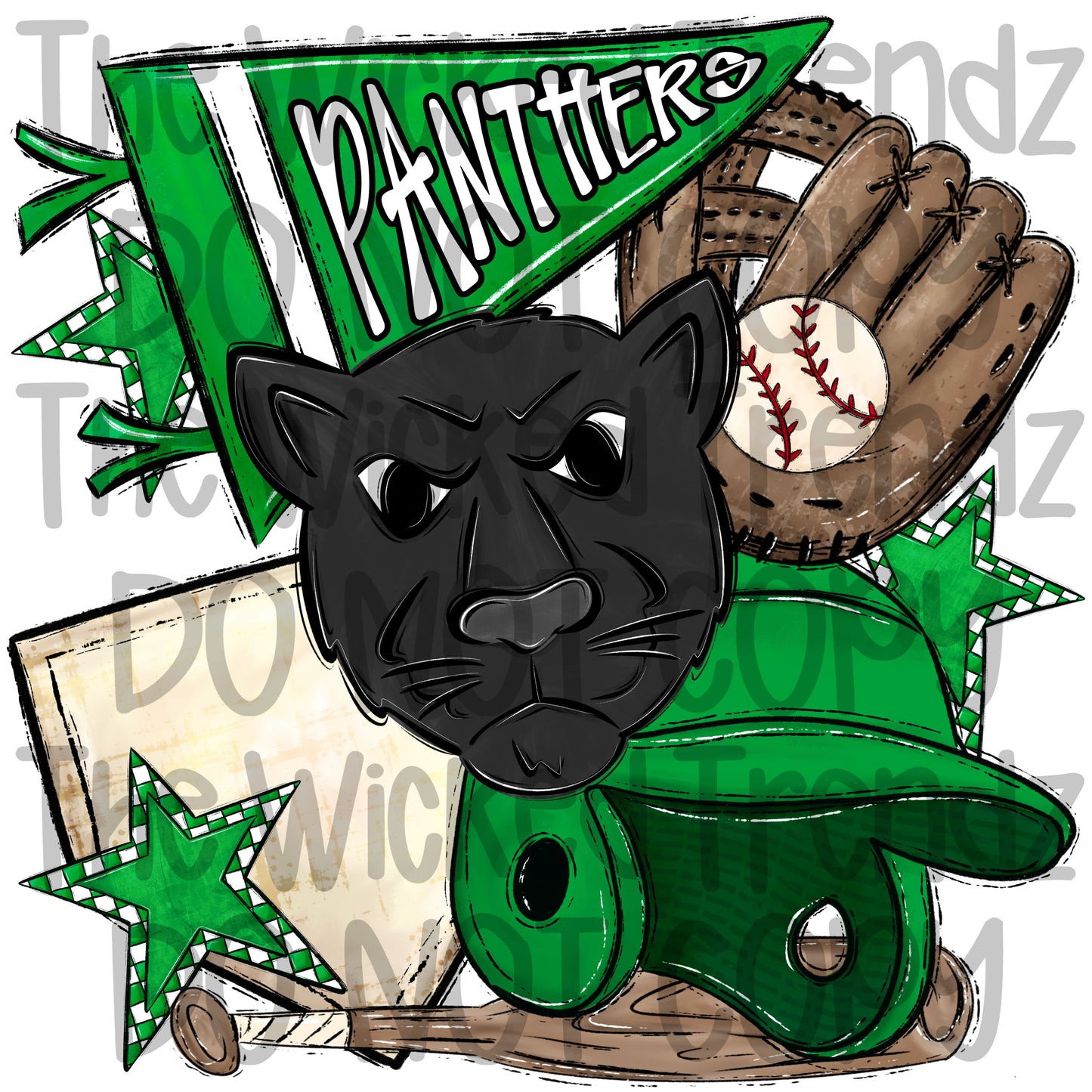 Panthers Green Baseball Team Mascot Digital Design